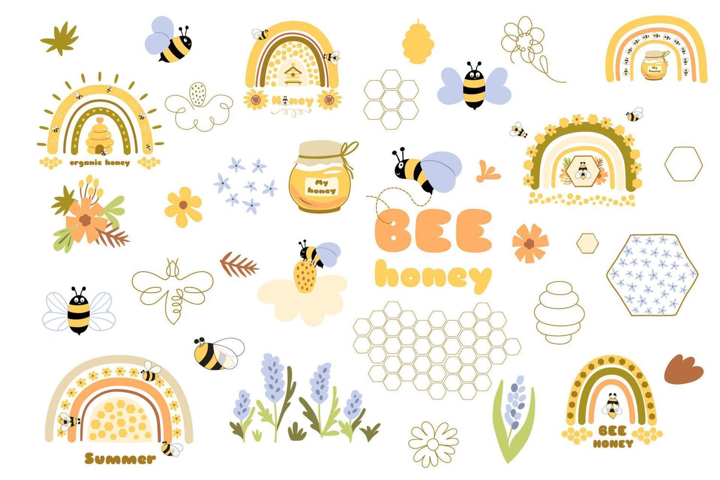 Bienen einstellen Honig Clip Art. Hand gezeichnet Biene Honig Elemente, einer Linie Zeichnung Illustration. süß Gelb Honig Regenbogen drucken. Vektor fliegend Honig Biene. Karikatur Bienenstock Symbol, Blume. Imker Logo Sammlung