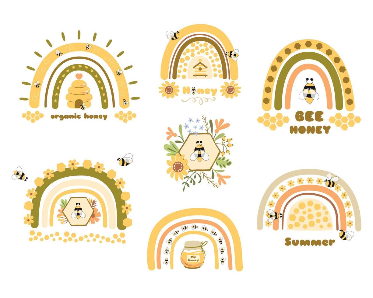 honung bi blomma uppsättning, honung pott. söt honung hand dragen honung blommig grafisk element isolerat. sommar gul regnbågar vektor illustration. bikupa, biodling varumärke design. vaxkaka, blommor.