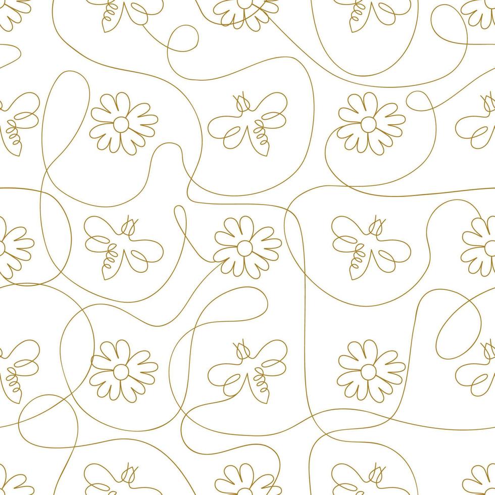 enda kontinuerlig linje teckning blommig mönster sommar blomma honung bi biodling upprepad bakgrund. solros i ett kontinuerlig linje. minimalistisk linjär skiss sommar bakgrund. vektor illustration.