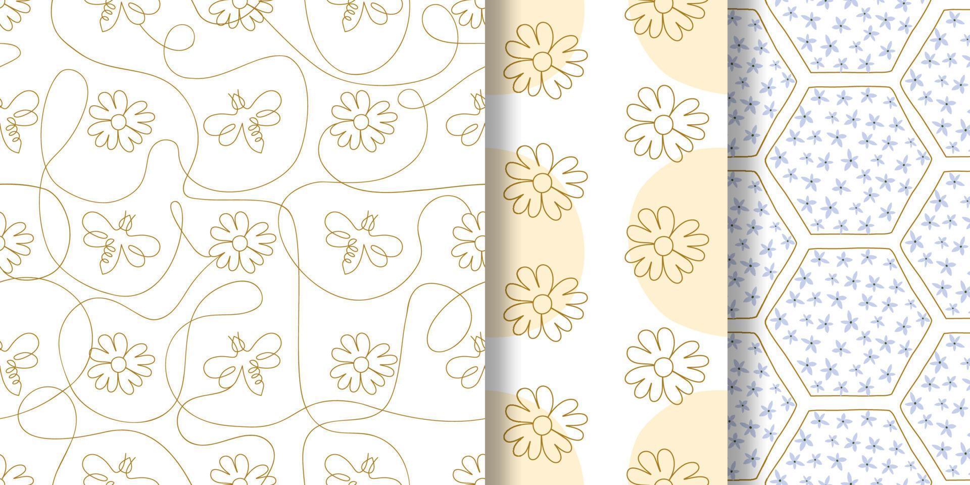 enda kontinuerlig linje teckning blommig mönster uppsättning. sommar blomma honung bi upprepad bakgrund. solros i ett kontinuerlig linje. minimalistisk linjär skiss sommar bakgrund. vektor illustration.