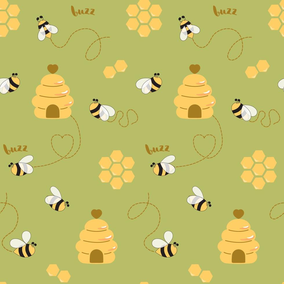 bi ljuv honung mönster bi sömlös mönster söt hand dragen bikupa, bi honungskaka bakgrund på grön. hand dragen honung mallar. barn tyg design, tapet. sommar vektor illustration.