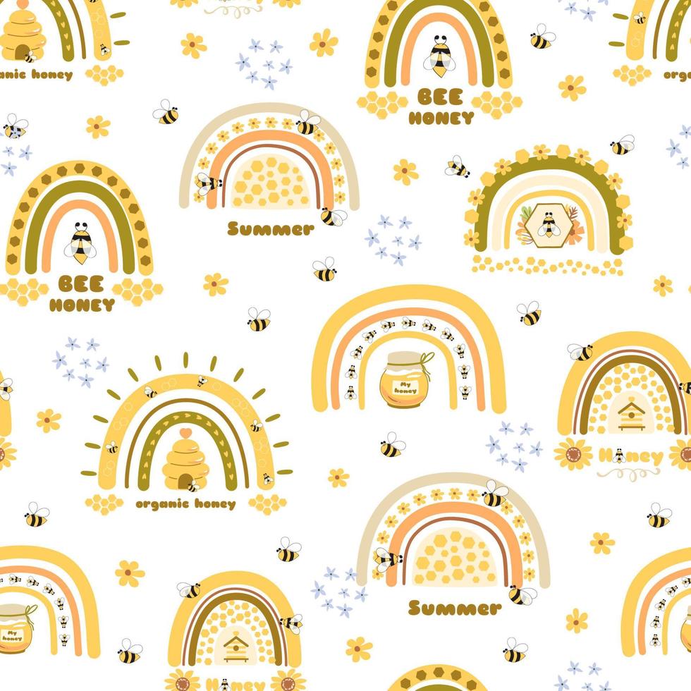 Biene Honig Muster. Bienenstock, Honig Regenbogen, Blumen- nahtlos Muster. Honigbiene drucken. organisch Honig Grafik Design Vorlage. Honig kindisch Vektor Illustration. Sommer- Gelb Süss Hintergrund, Hintergrund