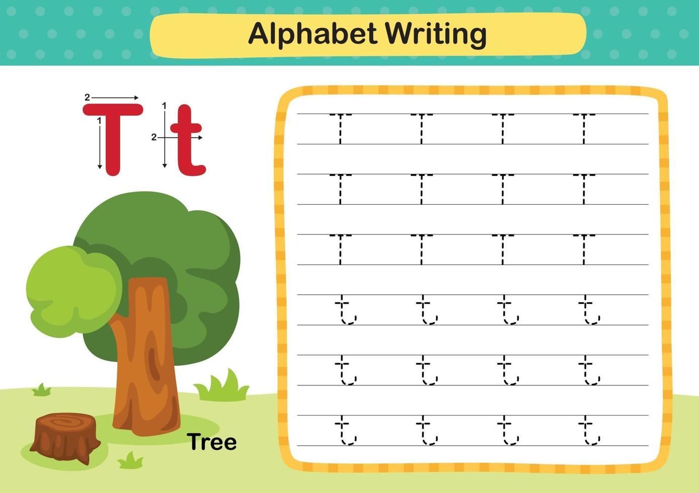 alfabetet bokstav t-träd övning med tecknad ordförråd illustration, vektor
