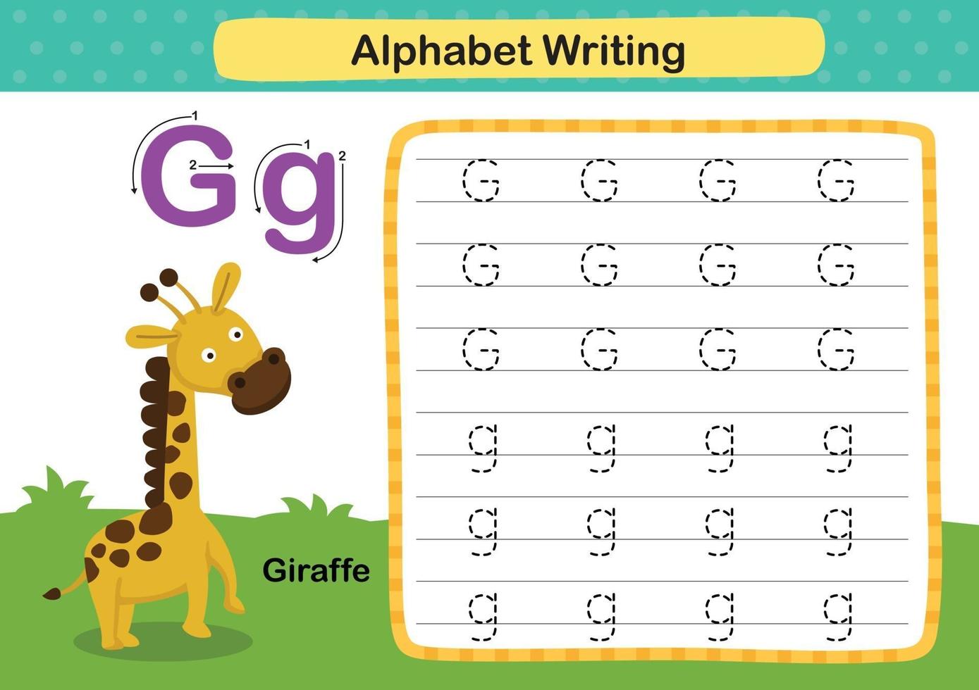 Alphabet Buchstabe G-Giraffe Übung mit Cartoon Vokabular Illustration, Vektor