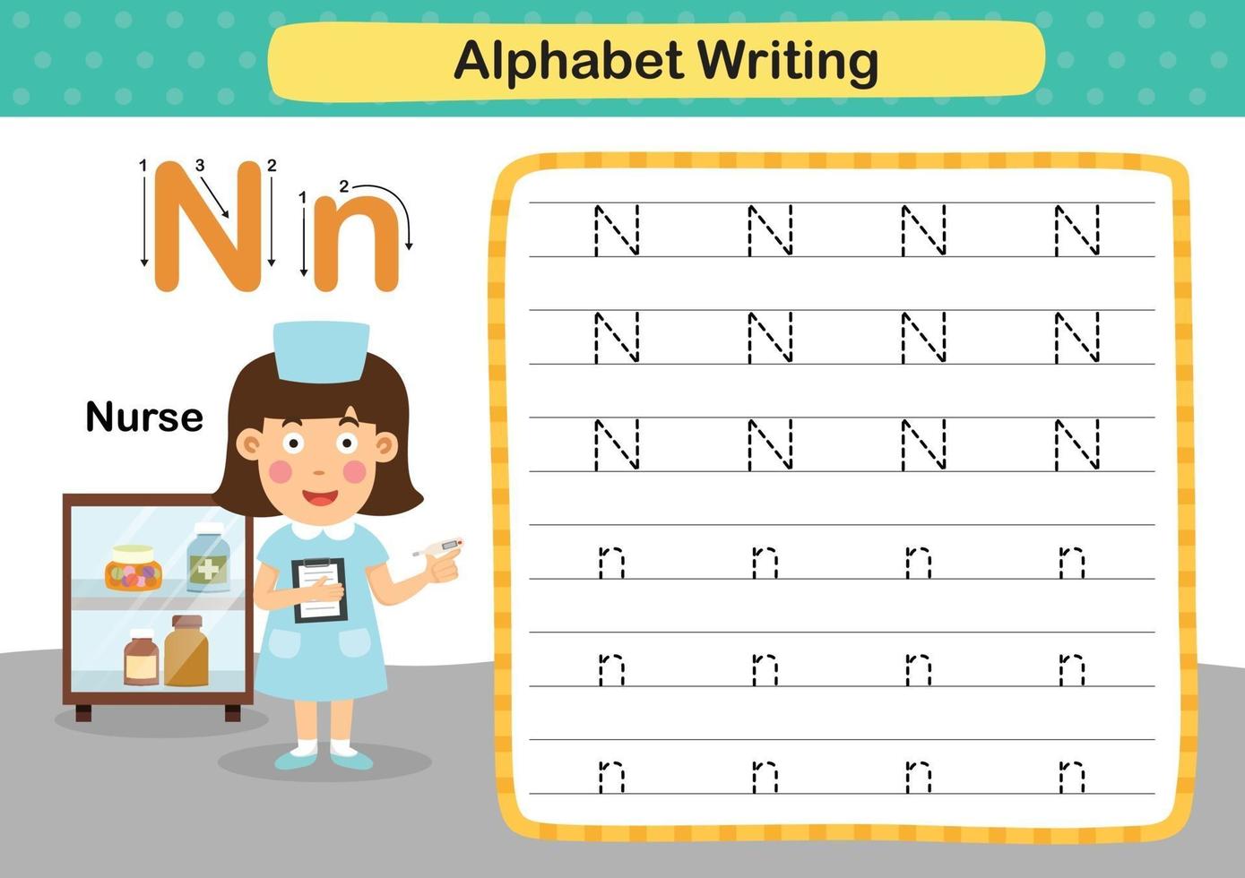 alfabetet bokstaven n-sjuksköterska övning med tecknad ordförråd illustration, vektor