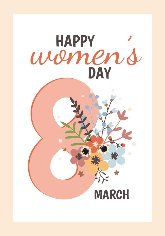 internationell kvinnors dag hälsning kort mall. 8 Mars. blommor och löv. söt enkel vektor illustration