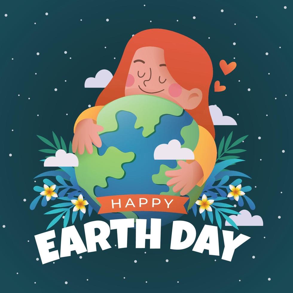 glücklicher Tag der Erde mit Mädchen umarmen die Erde vektor