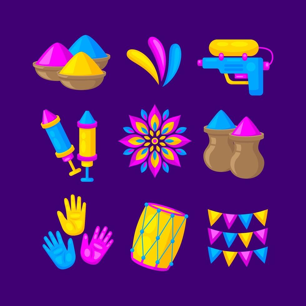 Holi Icon Collection im flachen Design vektor