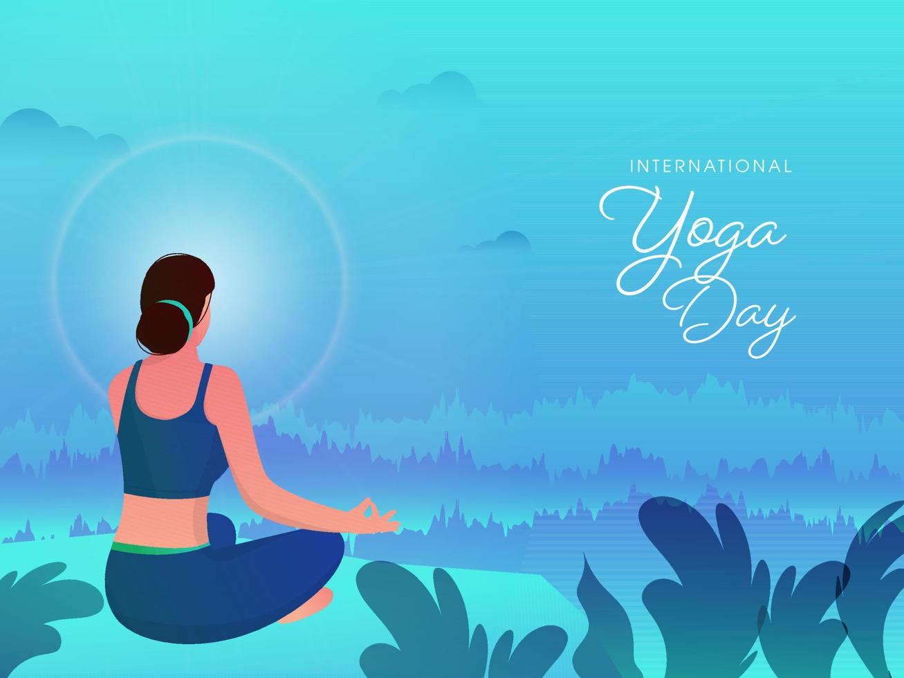 internationell yoga dag font med tillbaka se av ung kvinna Sammanträde i meditation utgör på lutning blå abstrakt natur bakgrund. vektor