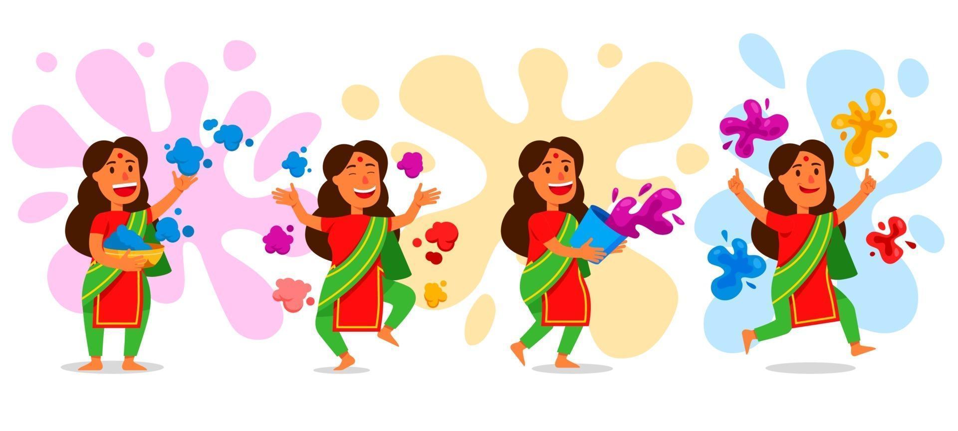 Mädchen Charakter feiert Holi Festival vektor