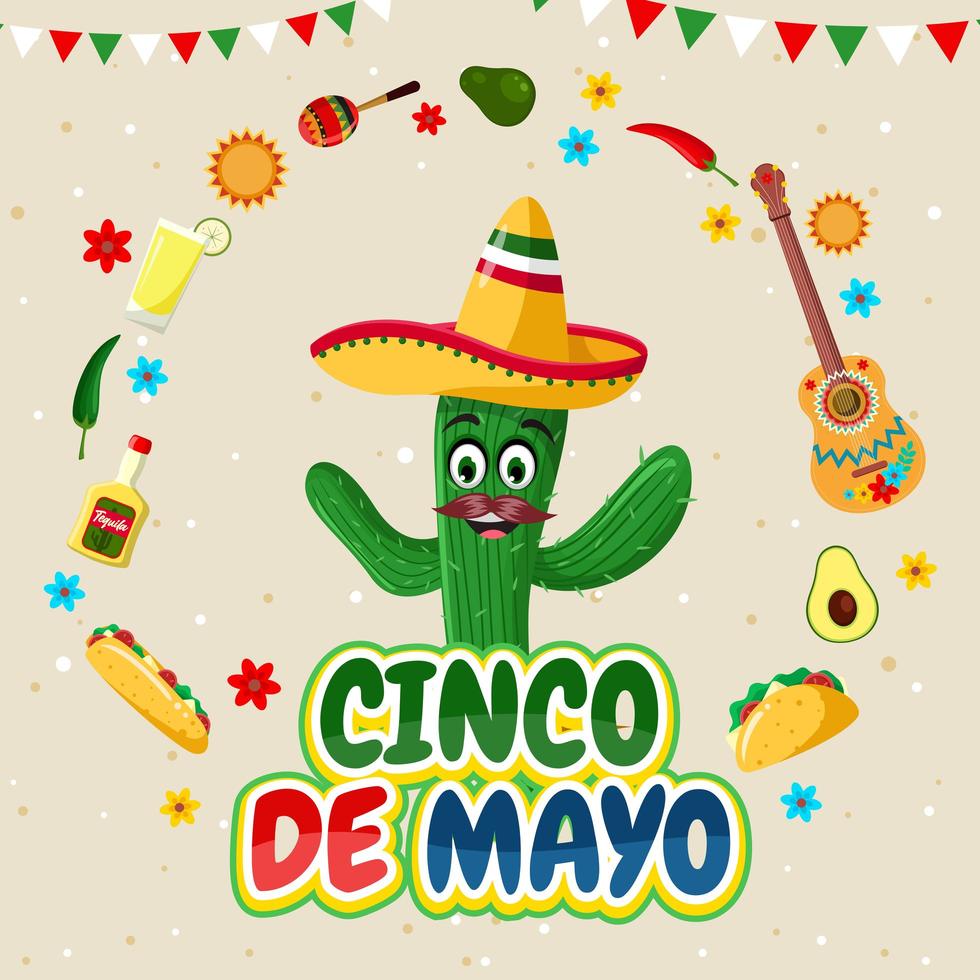 fröhlicher cinco de mayo mit kaktus charakter vektor