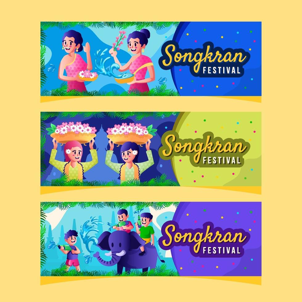 Menschen Aktivitäten in Songkran Wasser Festival Banner vektor