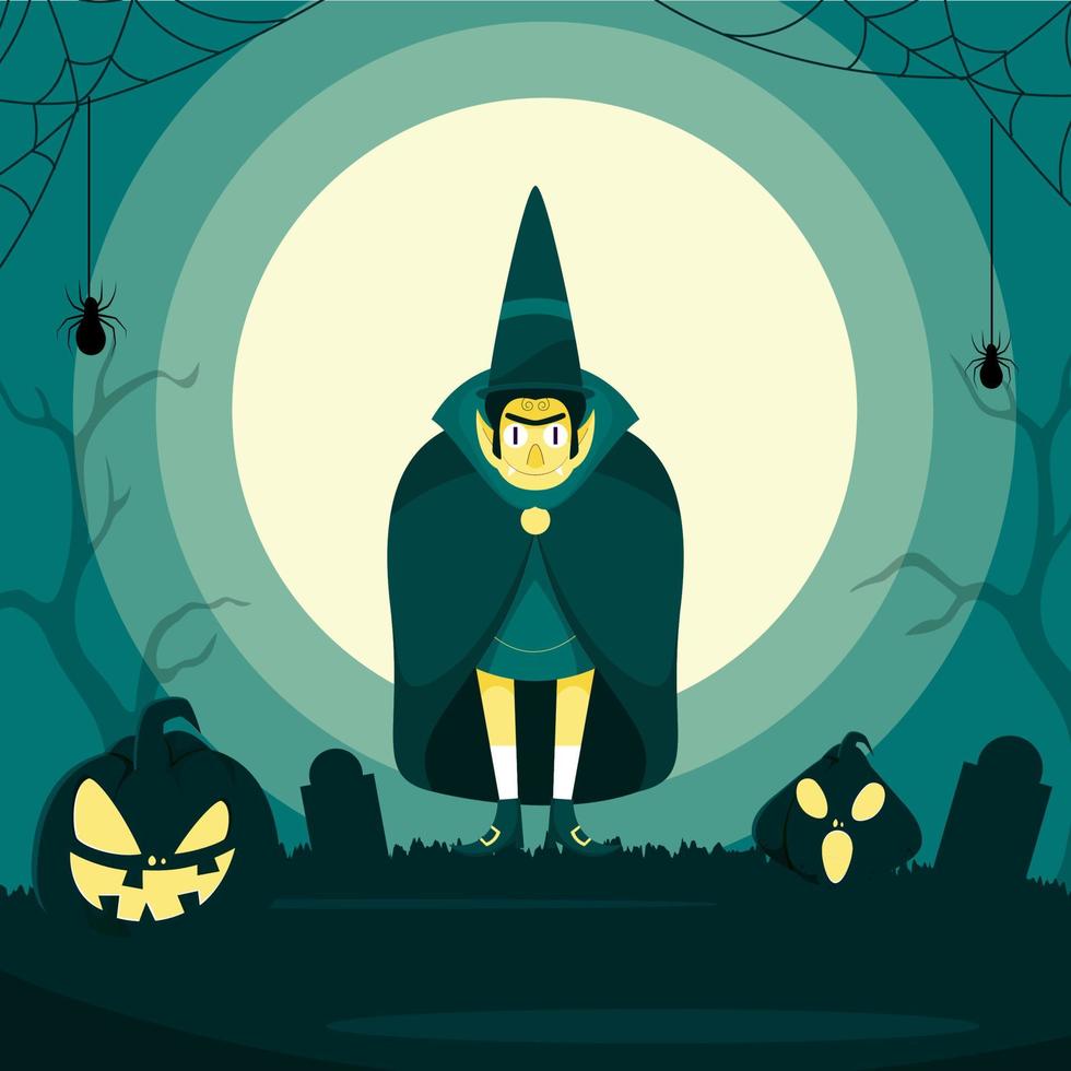 Illustration von Karikatur Vampir tragen oben Hut mit Kürbislaternen und Spinnennetz auf voll Mond Grün Hintergrund zum glücklich Halloween. vektor