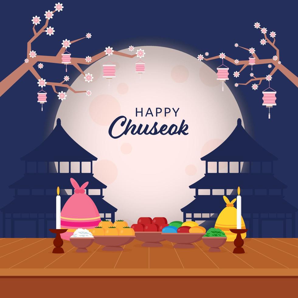 Lycklig chuseok firande begrepp med himmel tempel, utsökt mat, säckar, ljus stå och sakura blomma gren på full måne blå bakgrund. vektor