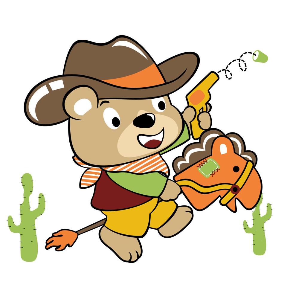 komisch Bär im Cowboy Kostüm mit Gewehr Spielzeug Reiten Stock Pferd, Vektor Karikatur Illustration