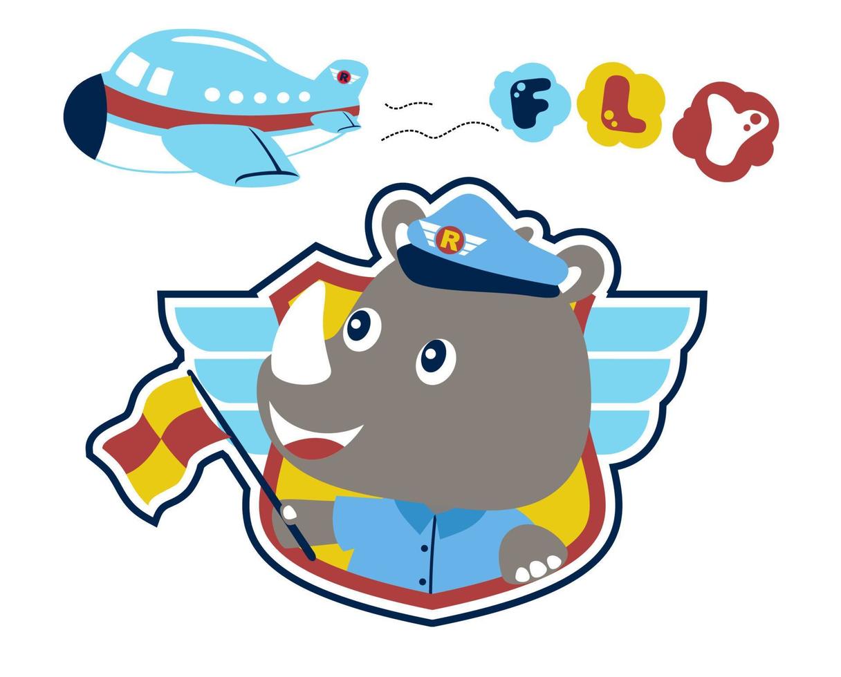 süß Nashorn im Pilot Kostüm auf Flug Logo mit Flugzeug, Vektor Karikatur Illustration