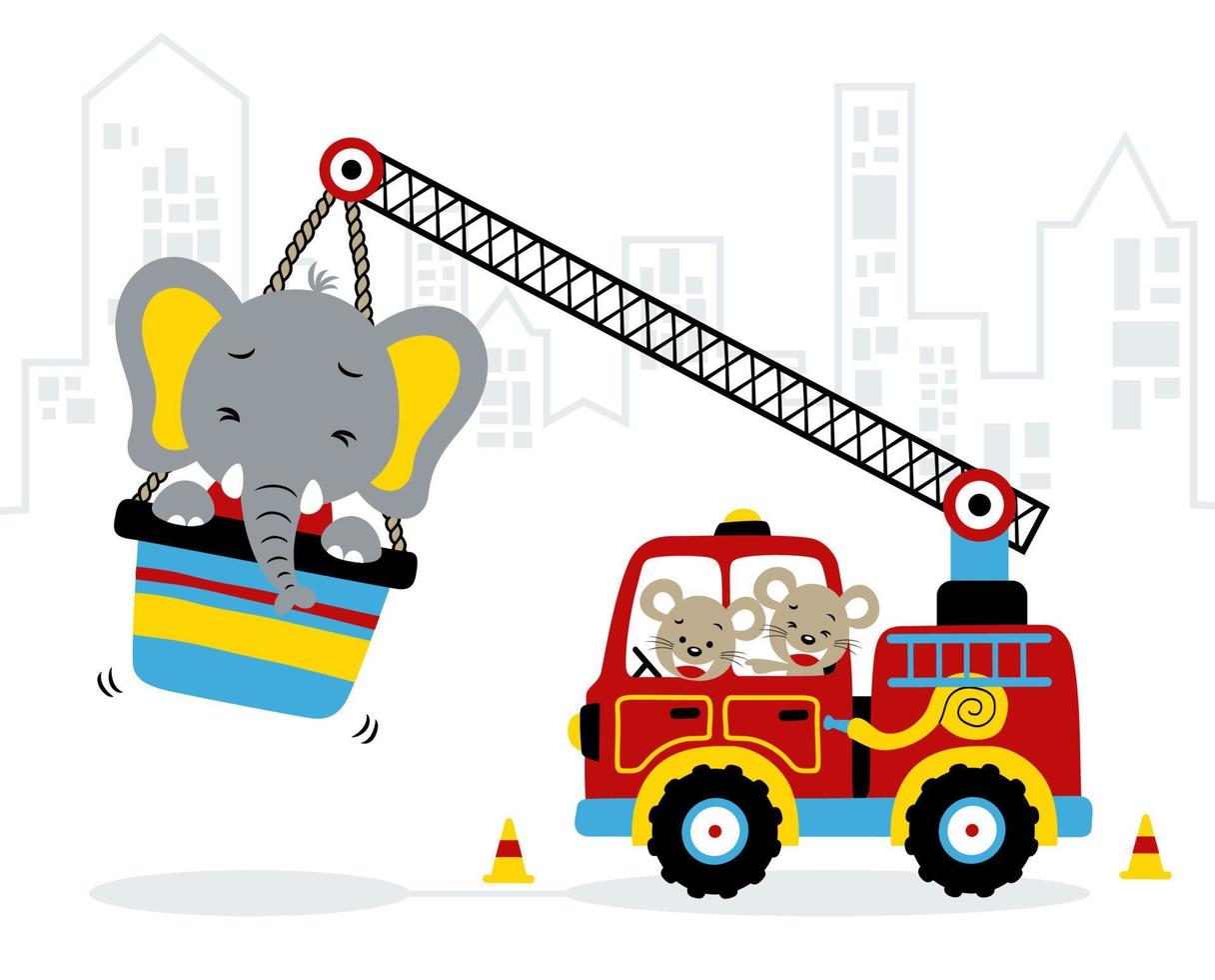 komisch Maus auf Feuerwehrauto, süß Elefant auf Kran, Vektor Karikatur Illustration