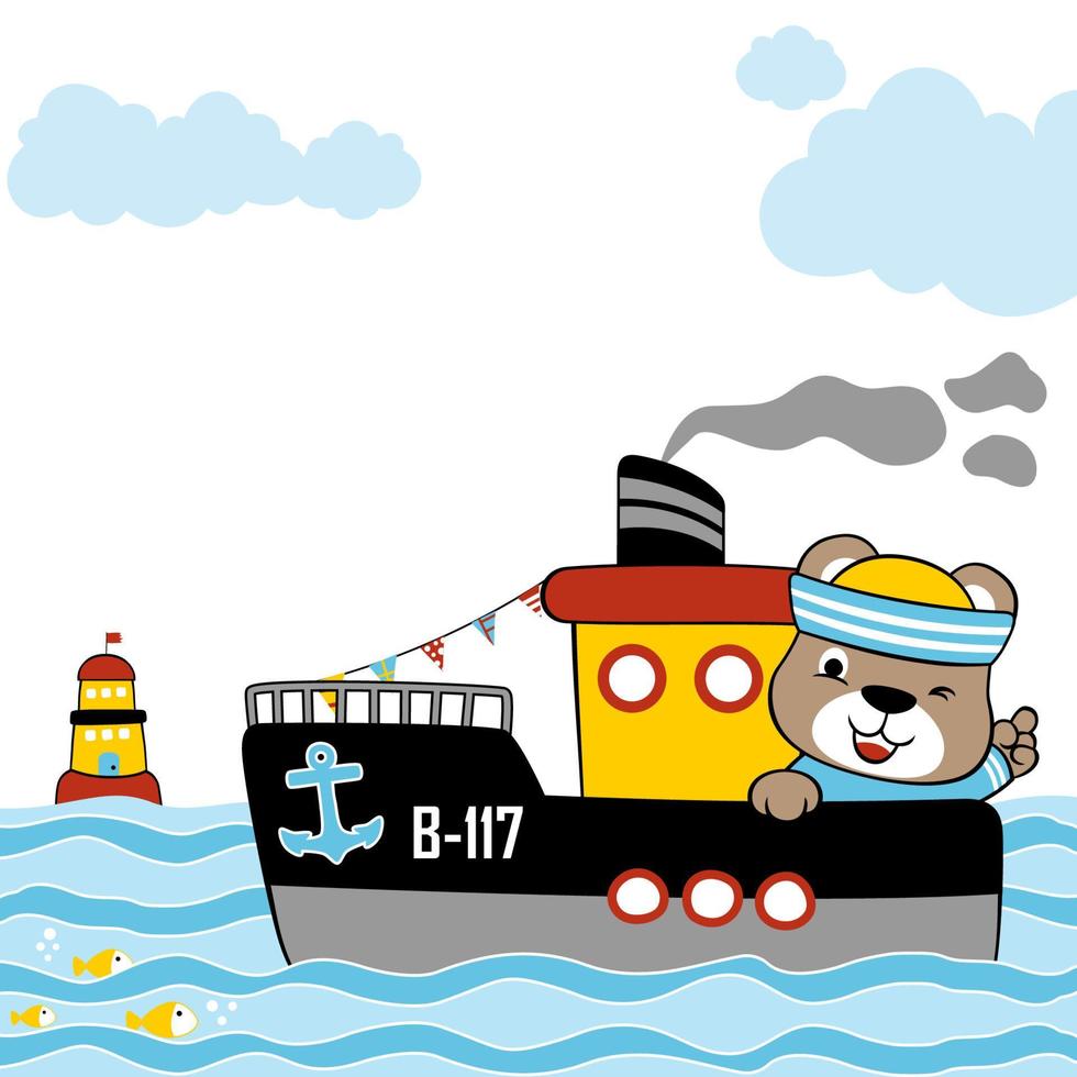 Vektor Karikatur Illustration von süß Bär auf Boot mit Leuchtturm und Fische