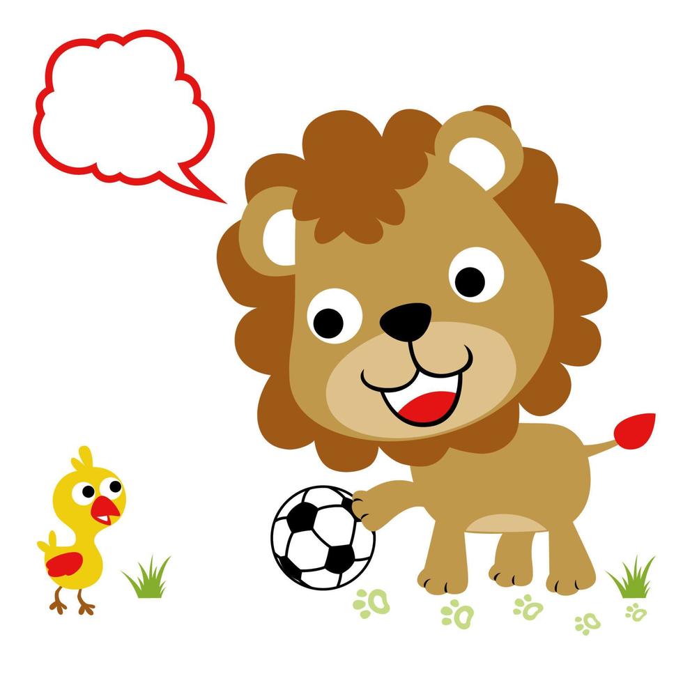 söt lejon med liten Anka spelar fotboll, vektor tecknad serie illustration