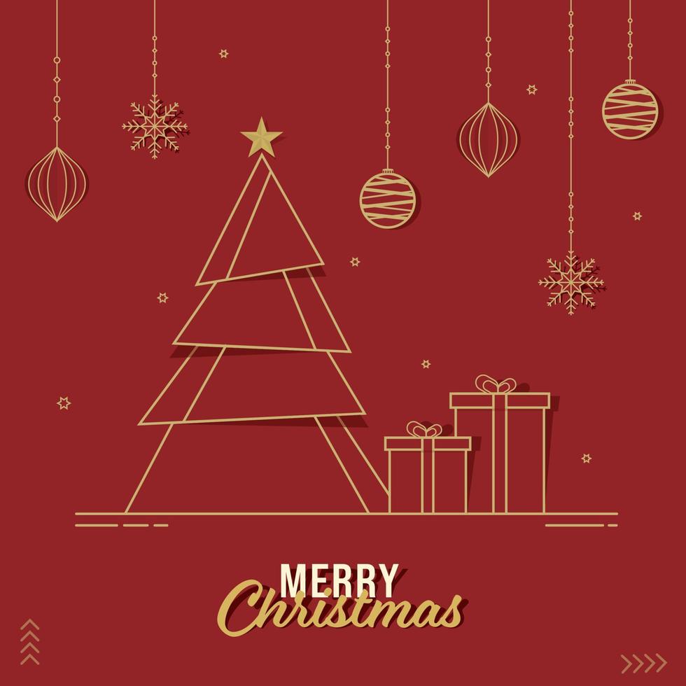 papper skära xmas träd med gåva lådor, hängande snöflingor, grannlåt och stjärnor dekorerad på röd bakgrund för glad jul firande. vektor