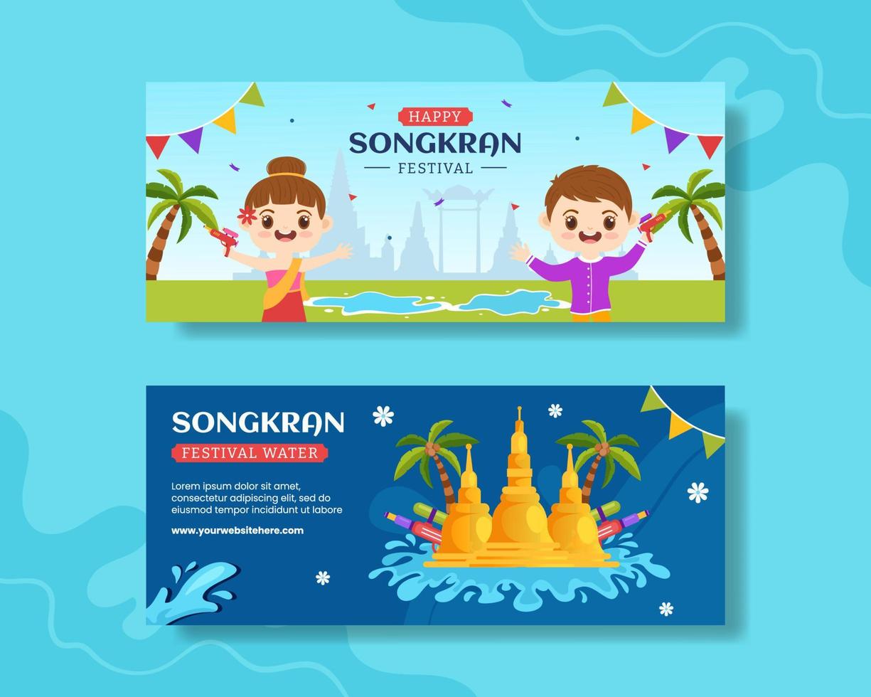 Songkran Festival Tag horizontal Banner eben Karikatur Hand gezeichnet Vorlagen Hintergrund Illustration vektor