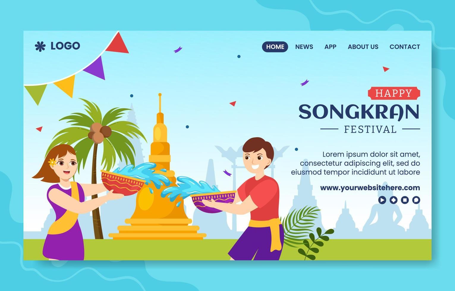 Songkran Festival Tag Sozial Medien Landung Seite Karikatur Hand gezeichnet Vorlage Hintergrund Illustration vektor