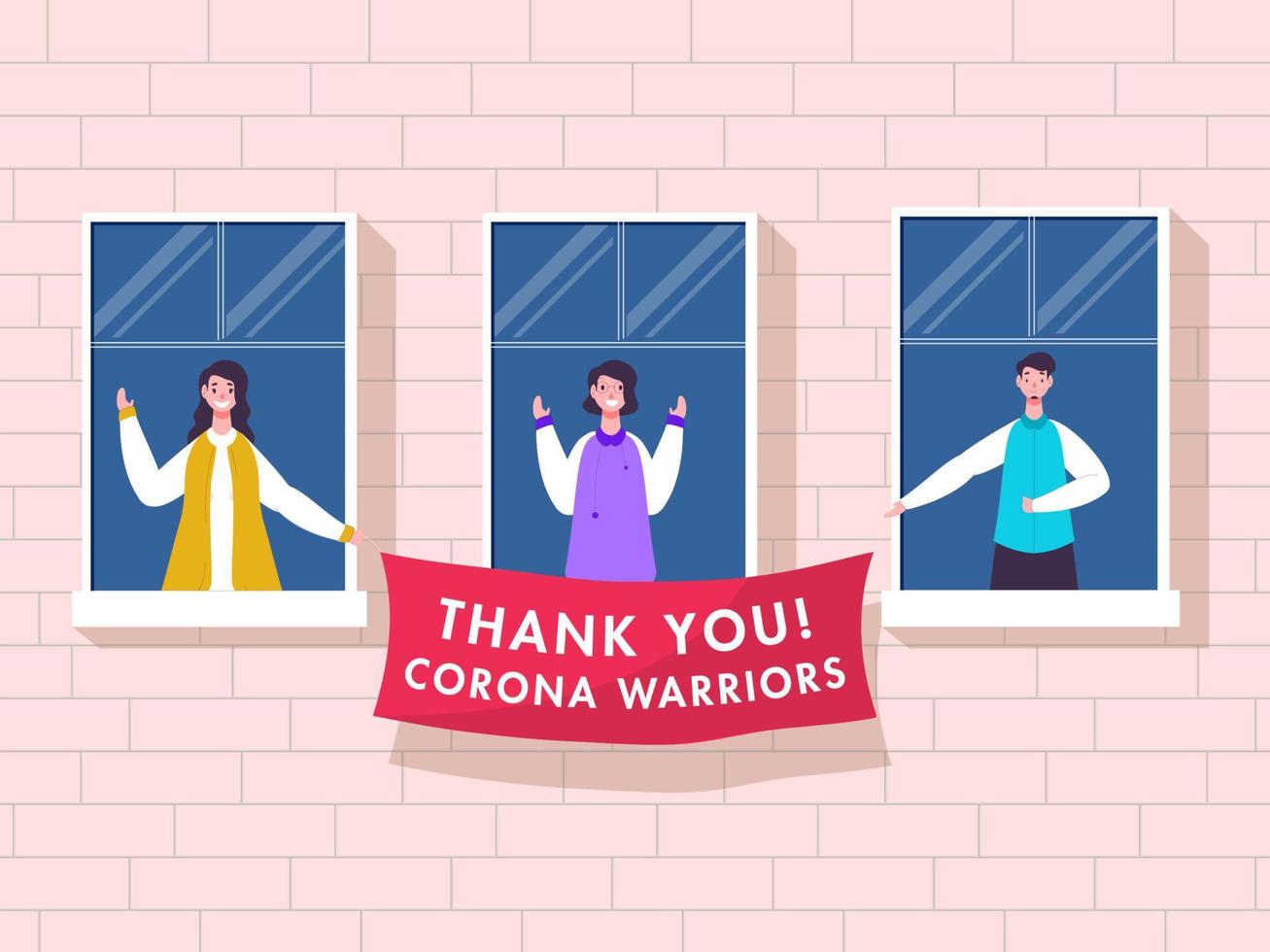 människor applåder till uppskatta och innehav tacka du korona krigare baner från balkong eller fönster på rosa tegel vägg bakgrund. vektor