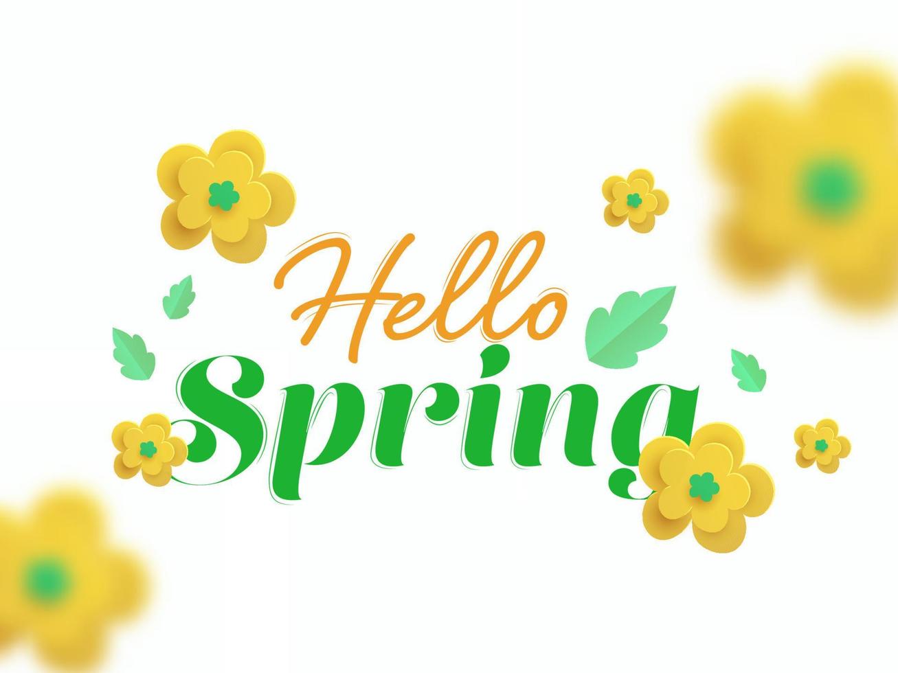 Hallo Frühling Schriftart mit Papier Schnitt Gelb Blumen und Grün Blätter auf Weiß Hintergrund. vektor