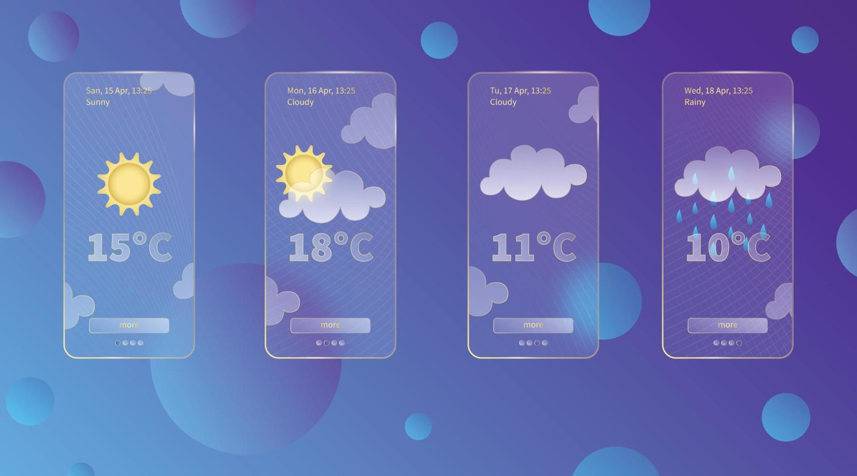 uppsättning av 3d glasmorfism väder prognos app mall gränssnitt design utrustning. dag meteo ikoner på mörk blå lutning bakgrund säsong samlingar smartphone glas morfism skärm vektor illustrationer