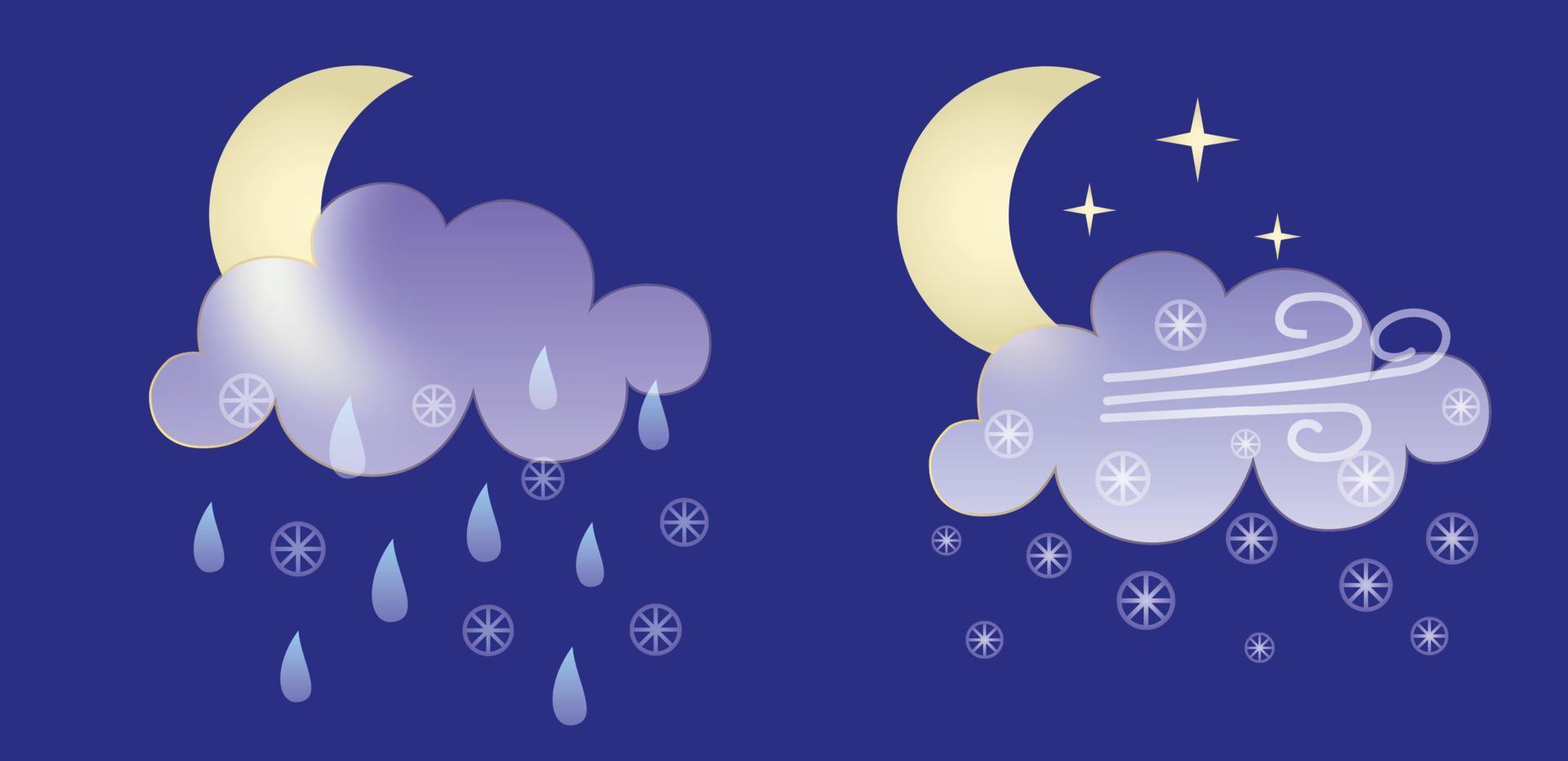 einstellen von Wetter Symbole. Glasmorphismus Stil Symbole zum meteo Prognose App Elemente isoliert auf Blau Hintergrund. Nacht Herbst Winter Jahreszeit singt. Mond, Regen, Wind und Schnee Wolken. Vektor Abbildungen