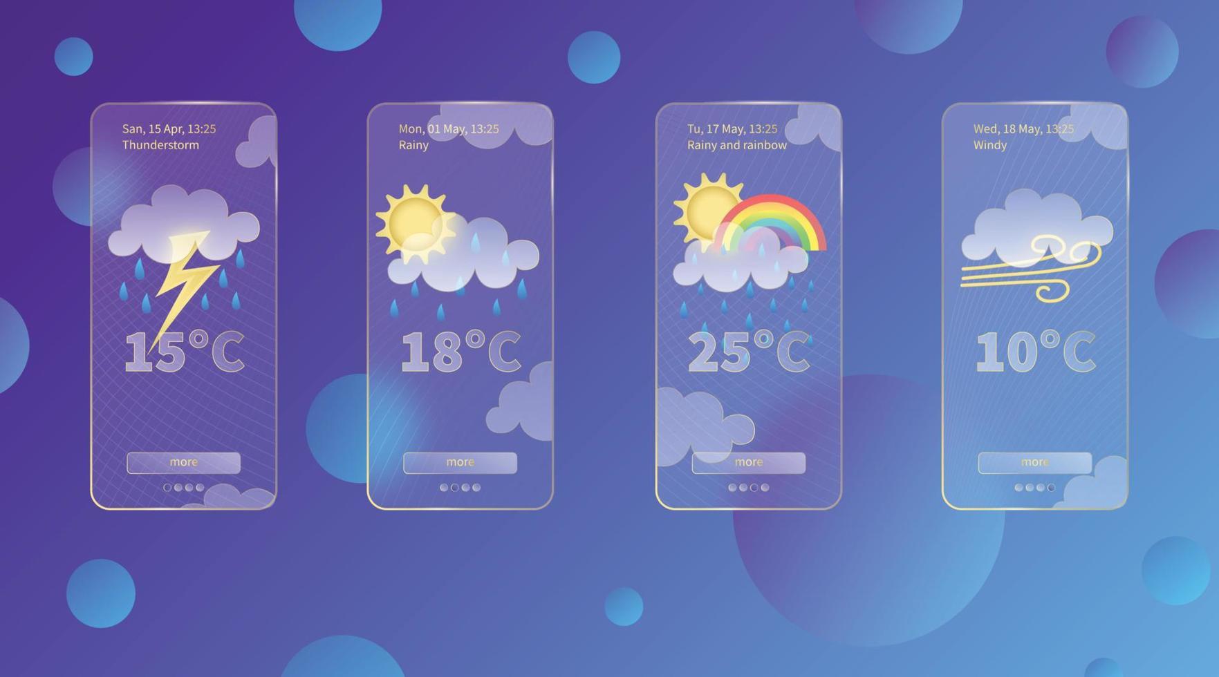 uppsättning av 3d glasmorfism väder prognos app mall gränssnitt design utrustning. dag meteo ikoner på mörk blå lutning bakgrund säsong samlingar smartphone glas morfism skärm vektor illustrationer