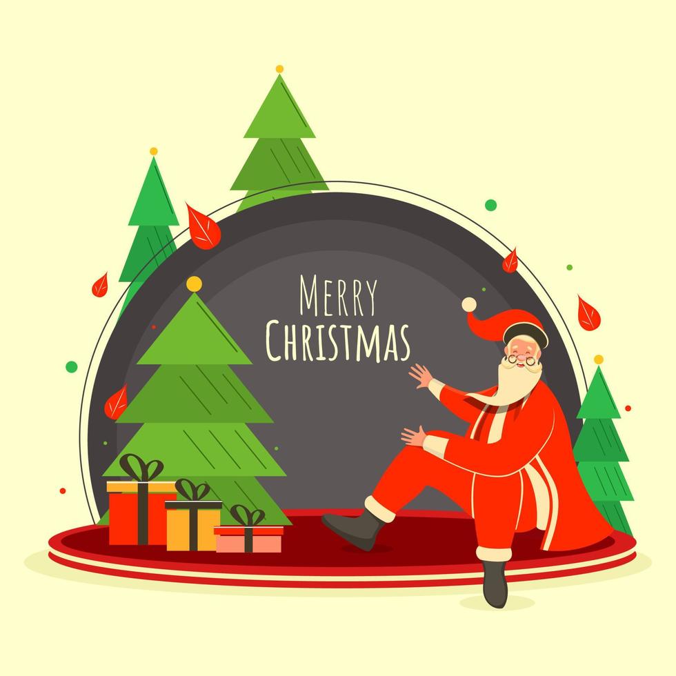 Illustration von Karikatur Santa claus Sitzung mit Geschenk Kisten und Weihnachten Bäume auf grau und Licht Gelb Hintergrund zum fröhlich Weihnachten Feier. vektor