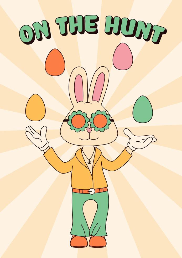 groovig Hippie glücklich Ostern Plakate. Ostern Hase. Vektor Karte im modisch retro 60er Jahre 70er Jahre Karikatur Stil.