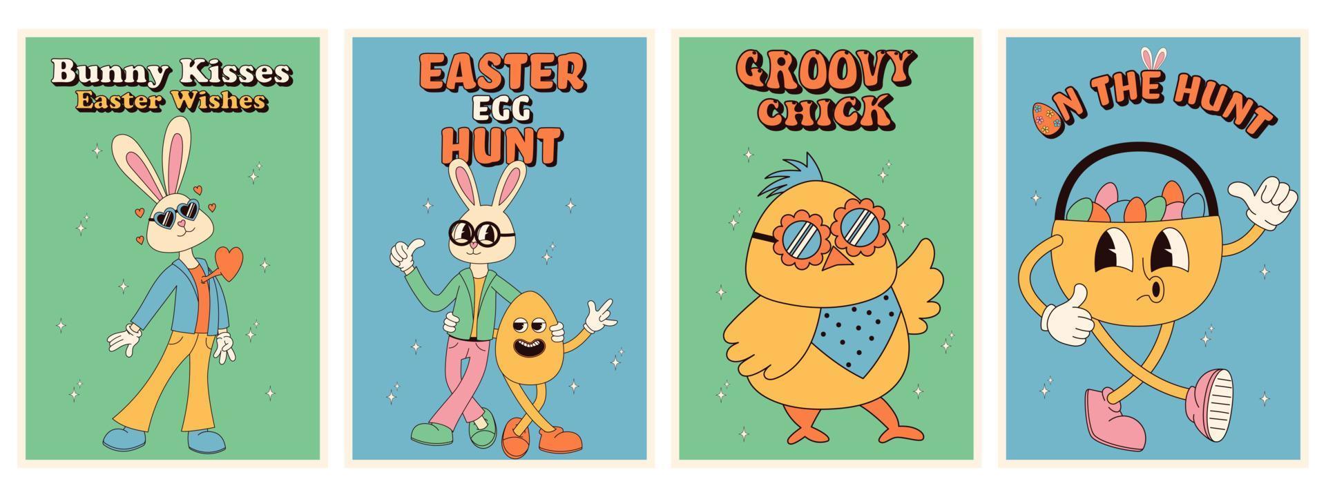 groovig Hippie glücklich Ostern Plakate. Ostern Eier, Hase. Vektor Karte im modisch retro 60er Jahre 70er Jahre Karikatur Stil.