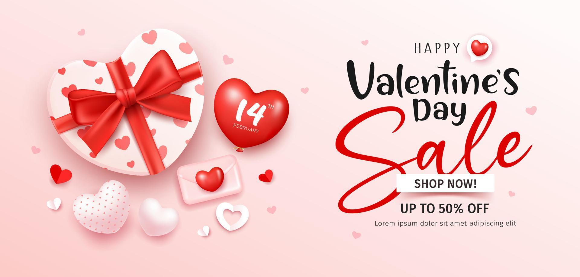 Geschenk Box Herz gestalten rot Band, glücklich Valentinstag Tag Verkauf, mit Ballon Herz Banner Design auf Rosa Hintergrund, eps10 Vektor Illustration.