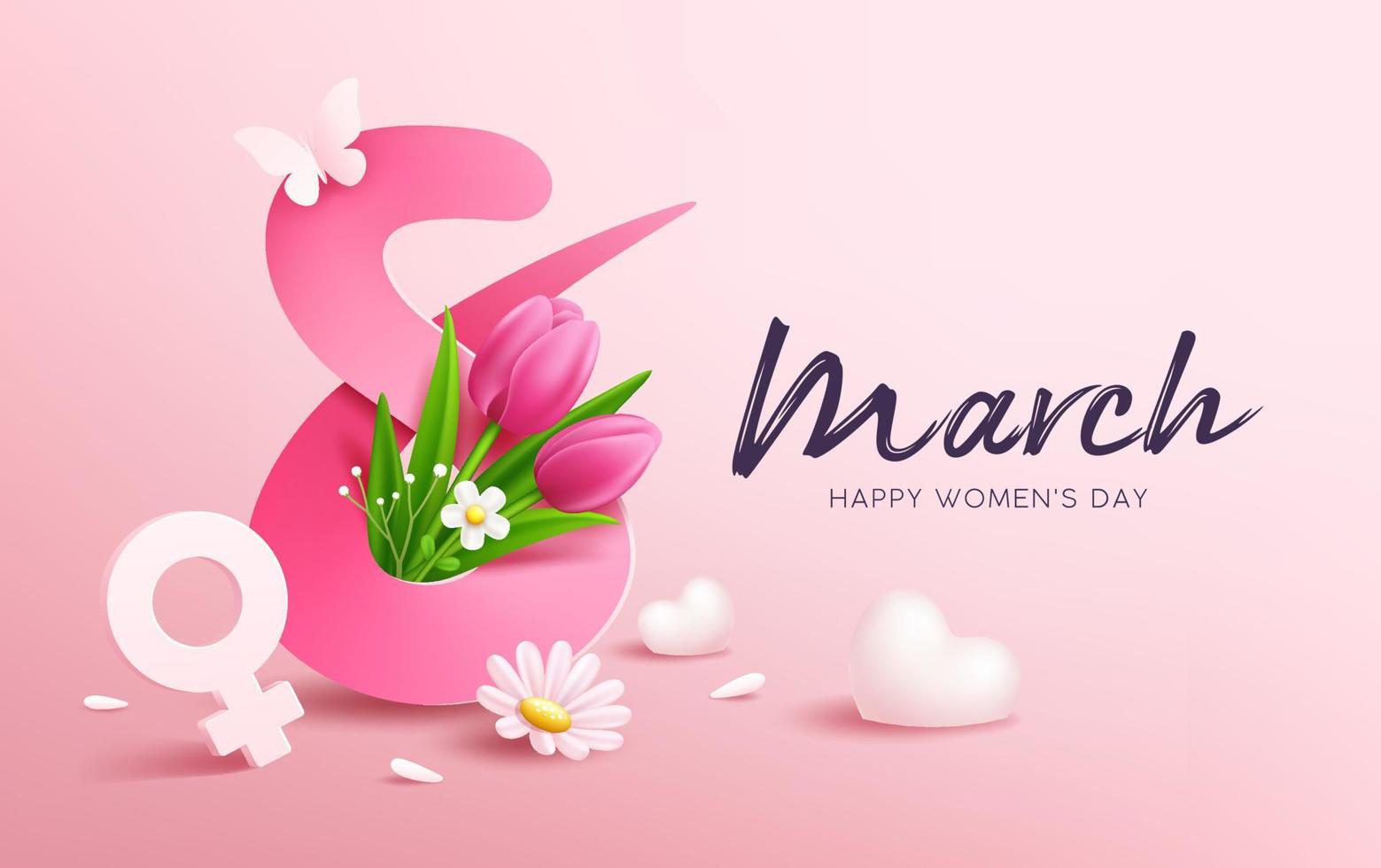 8 März glücklich Damen Tag mit Tulpe Blumen und Schmetterling, Herz, Banner Konzept Design auf Rosa Hintergrund, eps10 Vektor Illustration.