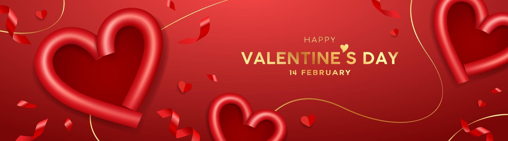 glücklich Valentinstag Tag, lesen Herz gestalten und rot Band mit Gold Linien, Banner Design auf rot Hintergrund, eps10 Vektor Illustration.