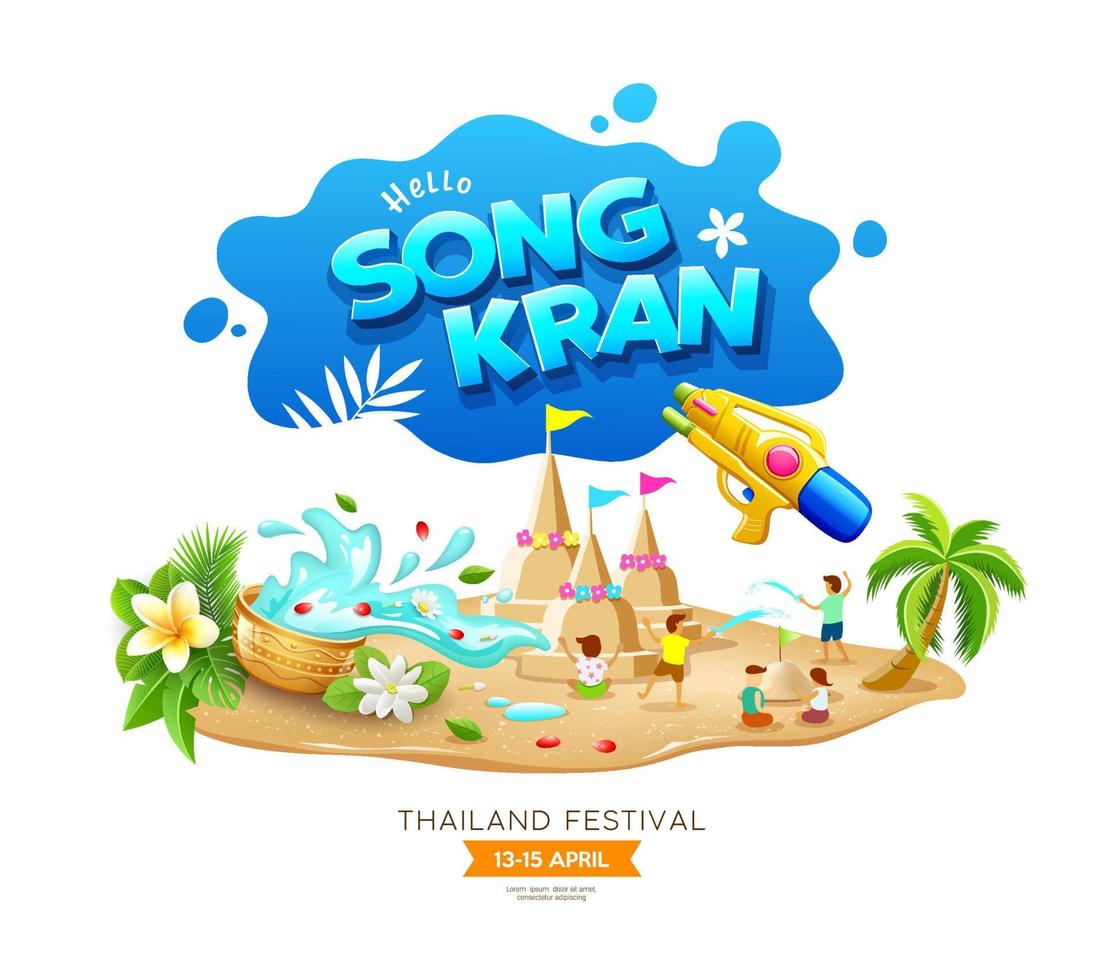 Songkran Festival Thailand, golden Wasser Schüssel Thailand Blume auf Wasser planschen und Kind spielen Sand Pagode Sommer- Design Hintergrund, eps 10 Vektor Illustration