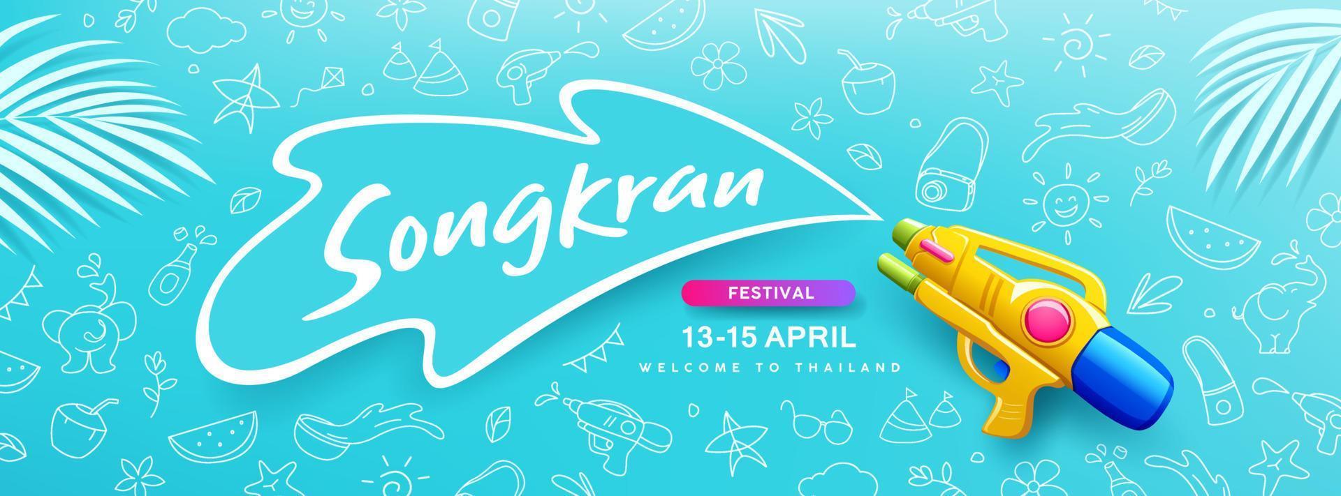 Songkran Festival Thailand, Wasser Gewehr Wasser Spritzen Design auf Zeichnung Sommer- Blau Hintergrund, eps 10 Vektor Illustration