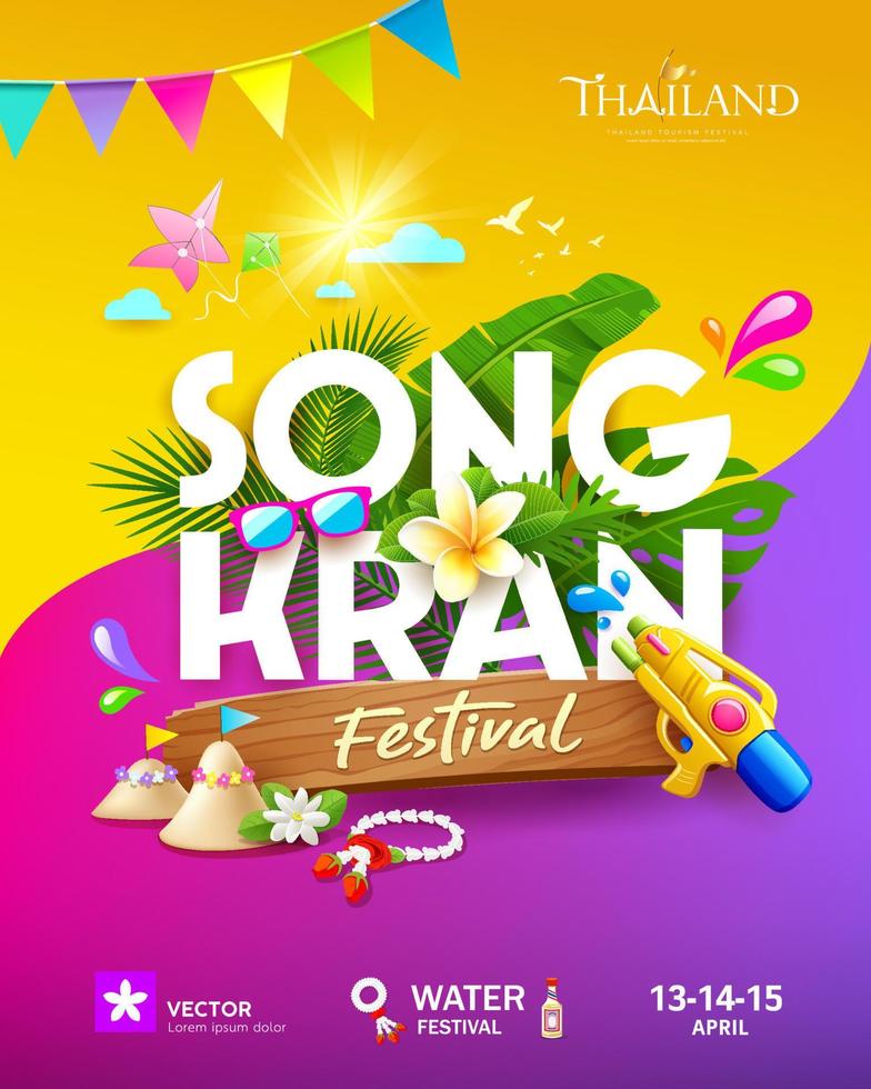 Songkran Festival Thailand Sommer- tropisch Blatt, Gewehr Wasser und thailändisch Blume, Poster Flyer Design auf Gelb und lila Hintergrund, eps 10 Vektor Illustration