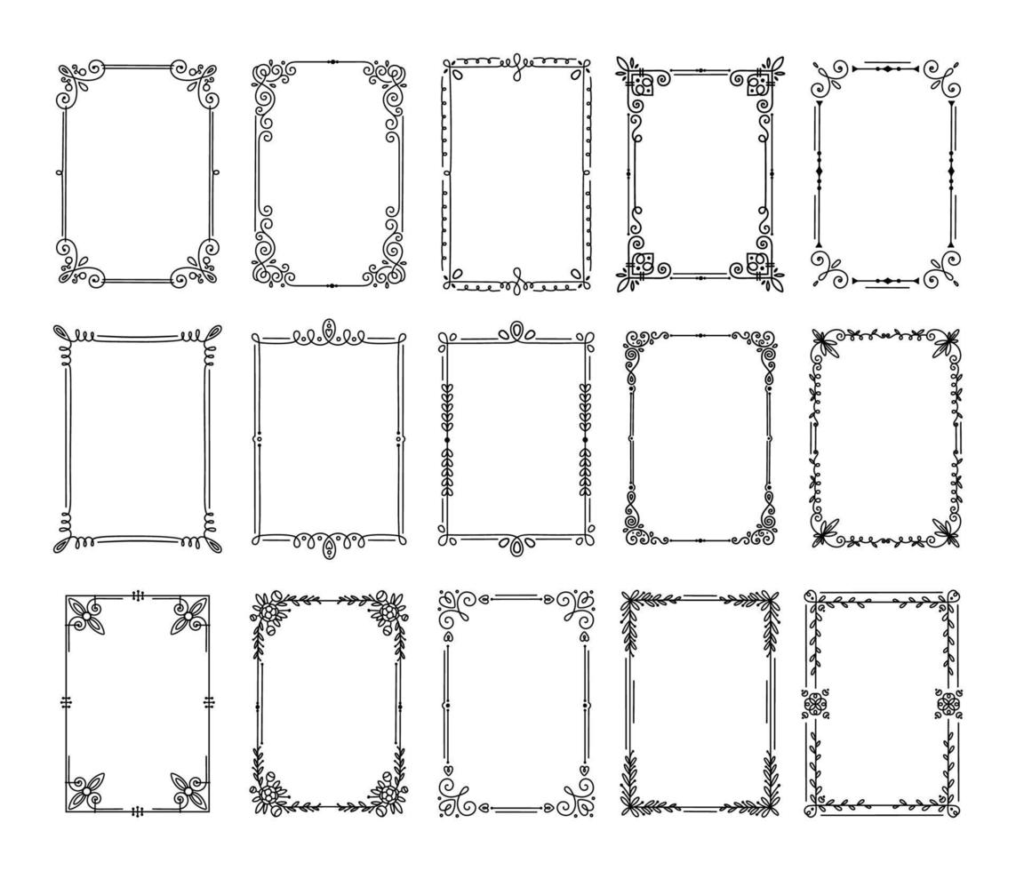 dekorativ Rahmen. Jahrgang Hand gezeichnet Zier Grenzen. Antiquität elegant Buch Dekoration Ornament. gedeihen Filigran Rahmen Vektor einstellen