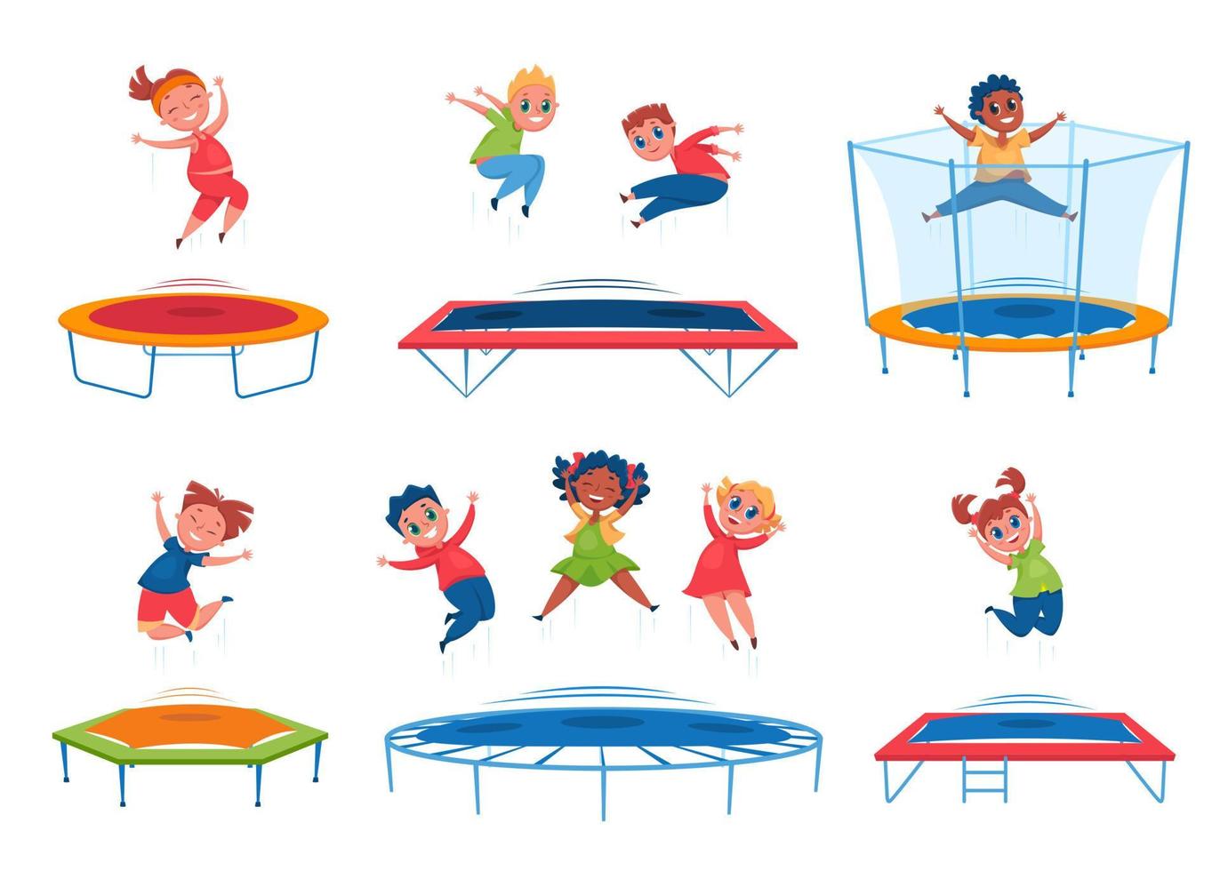 Kinder Springen auf Trampolin. glücklich Jungen, Mädchen hüpfen und haben Spaß. energisch Kinder springen zusammen. Gruppe draussen Aktivität Karikatur Vektor einstellen