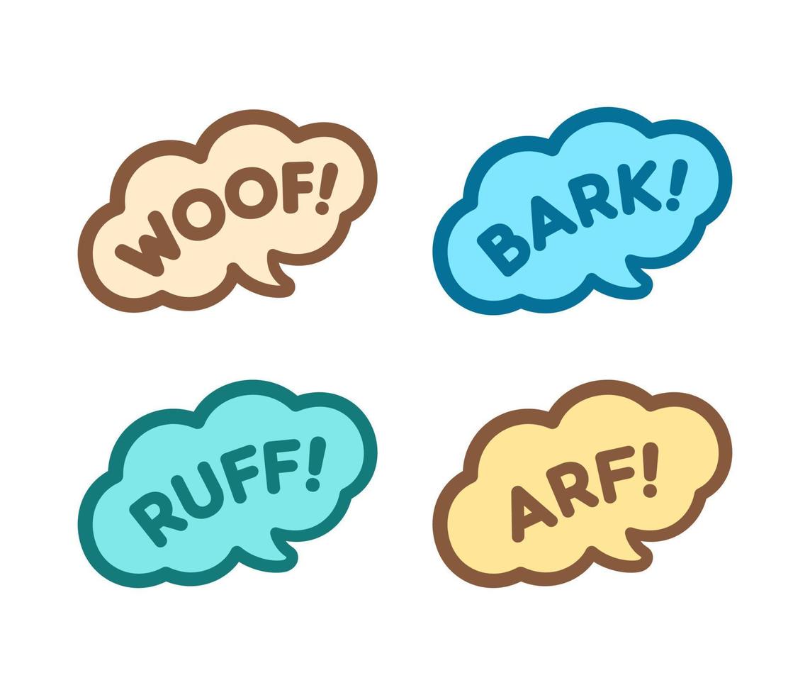 hund bark djur- ljud effekt text i en Tal bubbla ballong ClipArt uppsättning. söt tecknad serie onomatopoeia serier och text. vektor