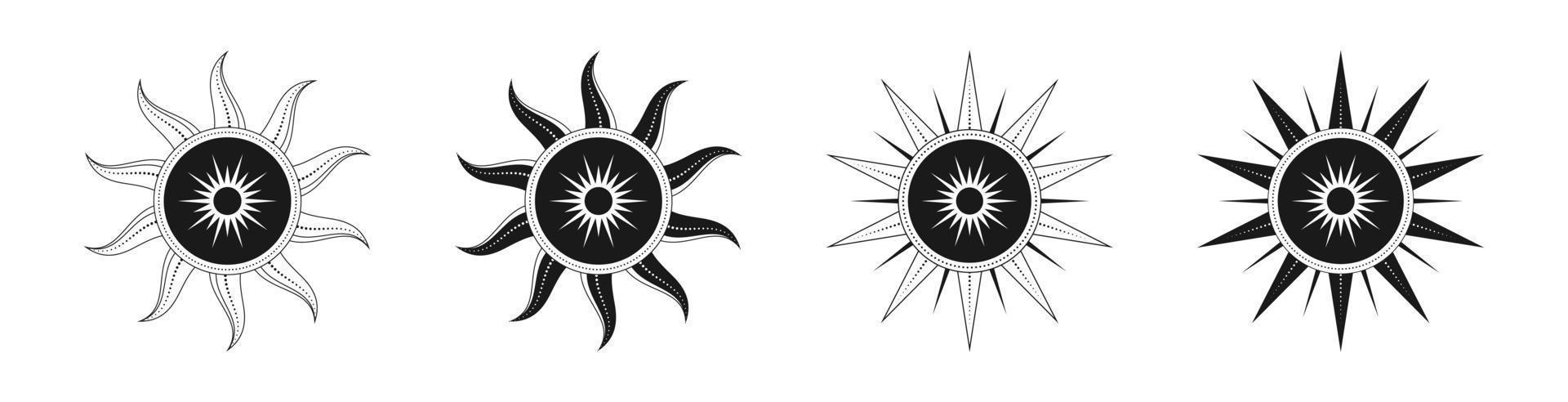 abstrakt himmelsk Sol vektor illustration uppsättning. bohemisk mystiker symbol spricker Sol strålar. magi talisman, antik stam- stil, boho, tatuering, konst skriva ut, tarot