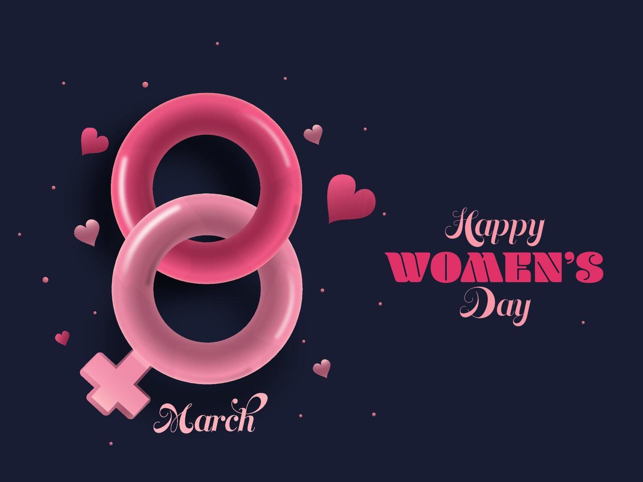 glansig 3d framställa 8 Mars med kvinna kön symbol dekorerad med hjärtan på blå bakgrund för Lycklig kvinnors dag firande begrepp. vektor