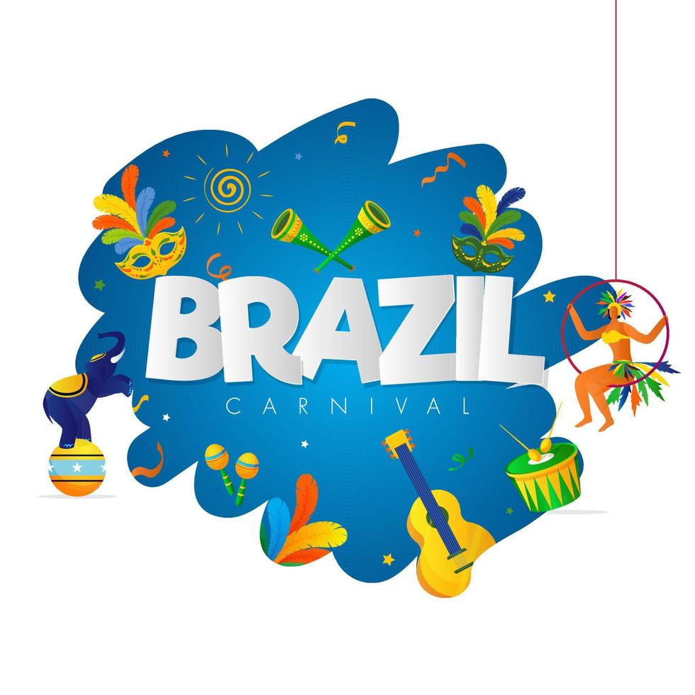 Brasilien karneval text med samba kvinna, mask, cirkus elefant och musik instrument på abstrakt bakgrund. vektor
