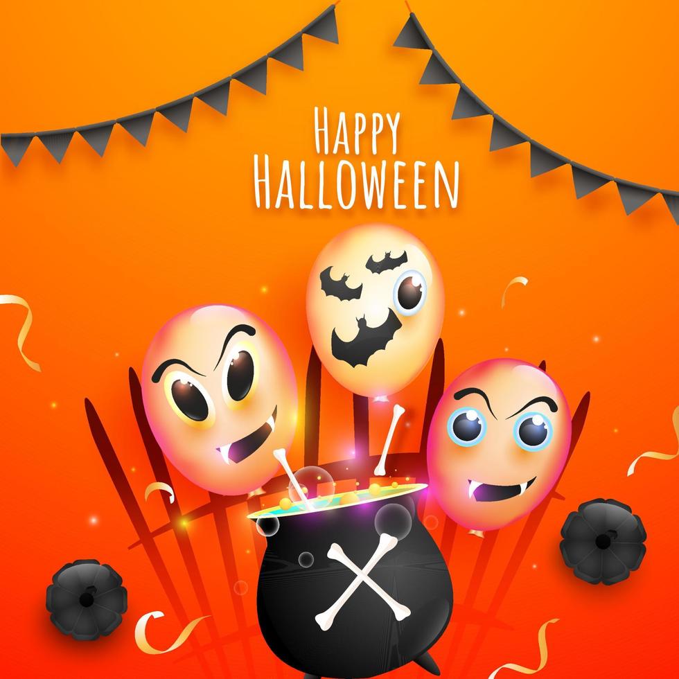 glücklich Halloween Feier Poster Design mit Sieden Kessel, Knochen, schwarz Kürbisse, Zaun und unheimlich Luftballons auf Orange Hintergrund. vektor