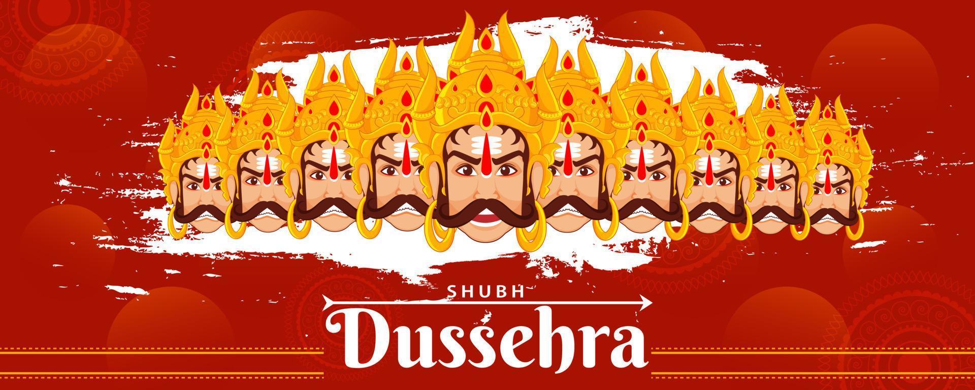 shubh Dussehra Header oder Banner Design mit Illustration von Ravan Dämon zehn Köpfe Schnitt und Weiß Bürste Schlaganfall bewirken auf rot Hintergrund. vektor