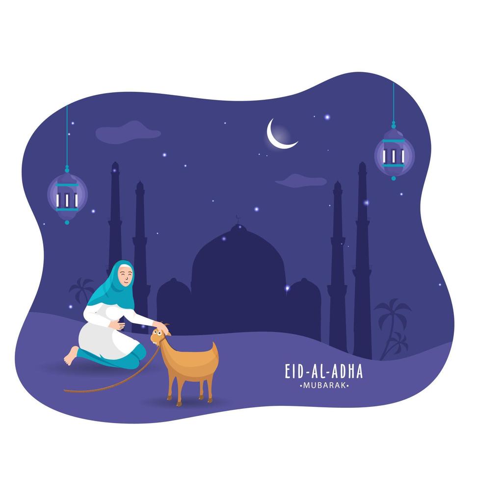 illustration av muslim kvinna med tecknad serie get, hängande lyktor och blå silhuett moské på natt se bakgrund för eid-al-adha mubarak. vektor