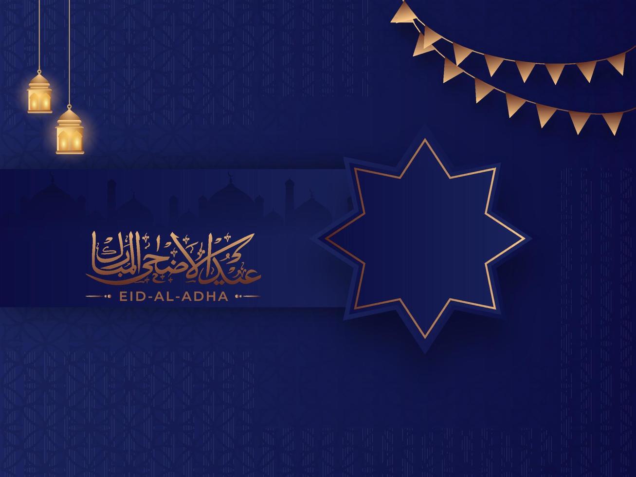 brons arabicum kalligrafi av eid-al-adha med gnugga el hizb symbol, hängande upplyst lyktor och flaggväv flaggor på blå islamic mönster bakgrund. vektor